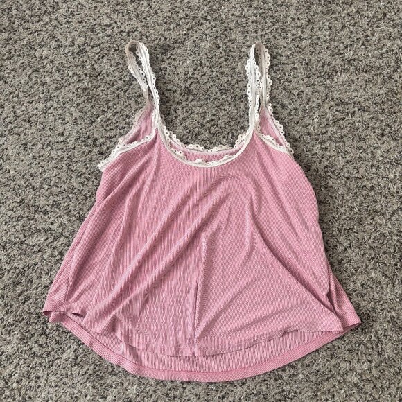 Victorias Secret Pink Striped Lace-Trim Cami Top S/P Cotton Blend Womens Sleepwe - Picture 2 of 5